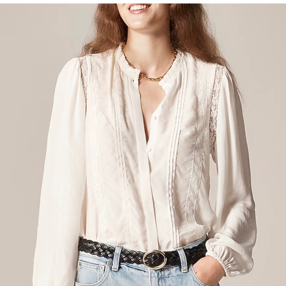 ✨ J.Crew Lace-Trim Pintuck Top in Crepe de Chine ✨ Size 4 | New With Tags - Picture 1 of 1